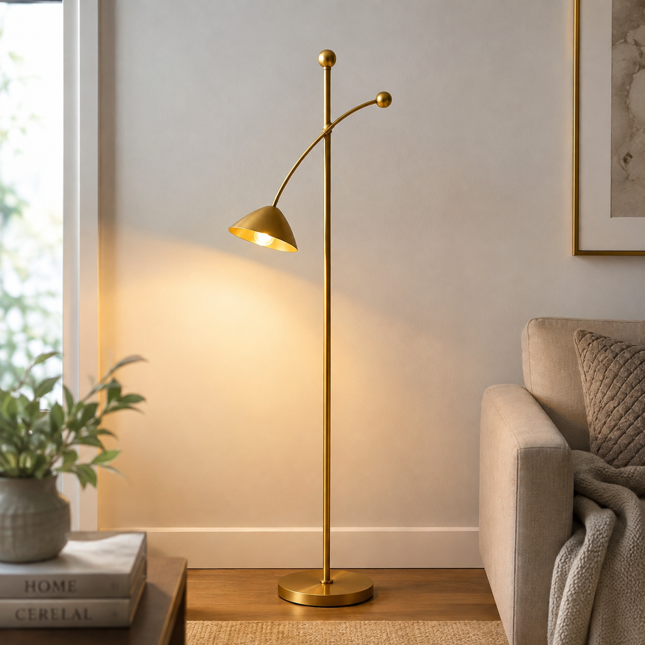 Modern Gold Floor Lamp, Brass Standing